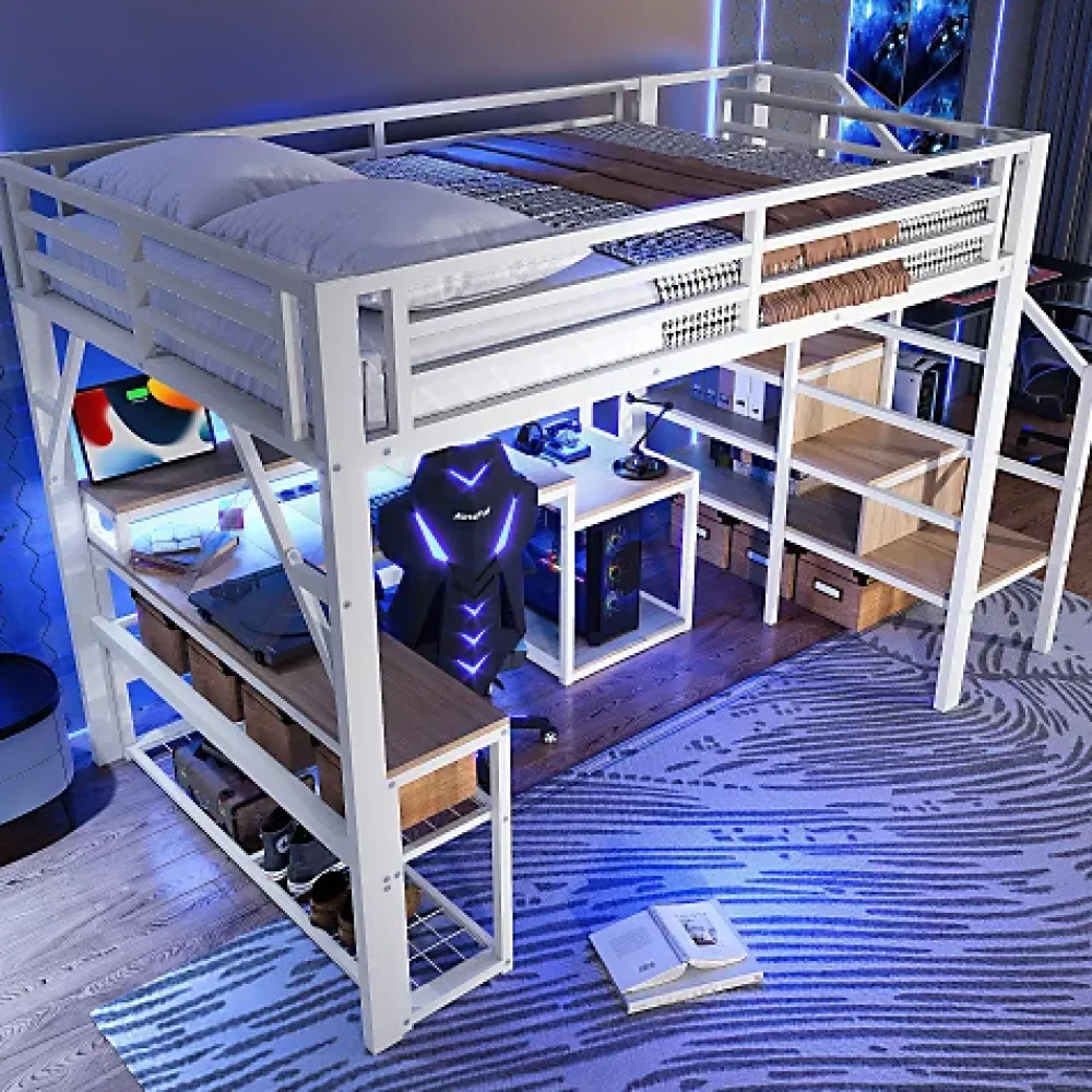 ModernLuxe Lit mezzanine 140x200cm - escalier de sécurité - rambarde - LED - bureau - port USB - blanc (matelas non inclus)* Lit Mezzanine