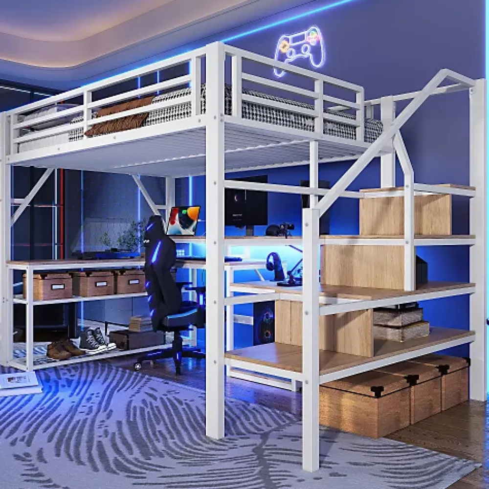 ModernLuxe Lit mezzanine 140x200cm - escalier de sécurité - rambarde - LED - bureau - port USB - blanc (matelas non inclus)* Lit Mezzanine