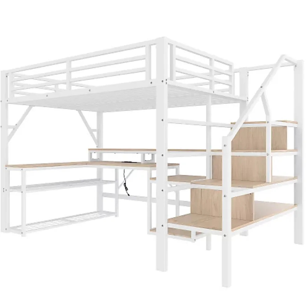 ModernLuxe Lit mezzanine 140x200cm - escalier de sécurité - rambarde - LED - bureau - port USB - blanc (matelas non inclus)* Lit Mezzanine