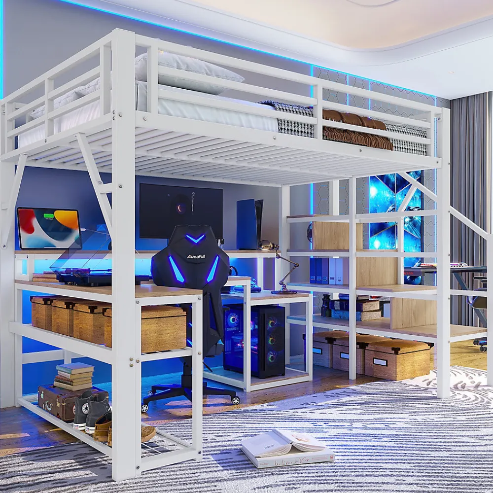 ModernLuxe Lit mezzanine 140x200cm - escalier de sécurité - rambarde - LED - bureau - port USB - blanc (matelas non inclus)* Lit Mezzanine