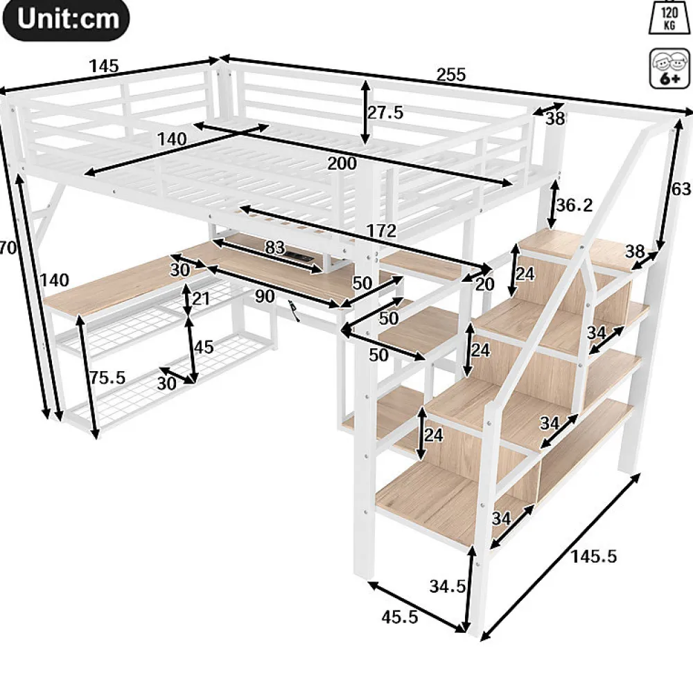 ModernLuxe Lit mezzanine 140x200cm - escalier de sécurité - rambarde - LED - bureau - port USB - blanc (matelas non inclus)* Lit Mezzanine