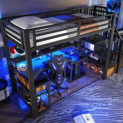 Lit mezzanine 90x200cm - escalier de sécurité - rambarde - LED - bureau - port USB - noir (matelas non inclus)><noscript><img data-lazyloaded=
