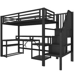 Lit mezzanine 90x200cm - escalier de sécurité - rambarde - LED - bureau - port USB - noir (matelas non inclus)><noscript><img data-lazyloaded=