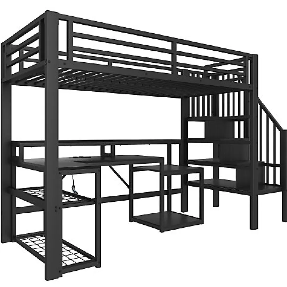 Lit mezzanine 90x200cm - escalier de sécurité - rambarde - LED - bureau - port USB - noir (matelas non inclus)>ModernLuxe