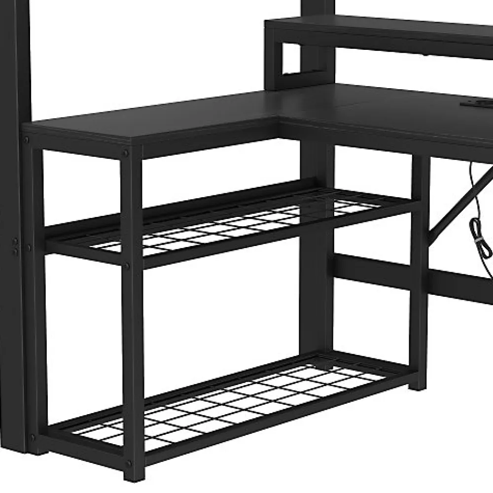 Lit mezzanine 90x200cm - escalier de sécurité - rambarde - LED - bureau - port USB - noir (matelas non inclus)>ModernLuxe