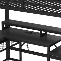 Lit mezzanine 90x200cm - escalier de sécurité - rambarde - LED - bureau - port USB - noir (matelas non inclus)><noscript><img data-lazyloaded=
