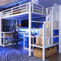 Lit mezzanine 90x200cm - escalier de sécurité - rambarde - LED - bureau - port USB - blanc (matelas non inclus)><noscript><img width=