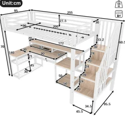 Lit mezzanine 90x200cm - escalier de sécurité - rambarde - LED - bureau - port USB - blanc (matelas non inclus)><noscript><img width=