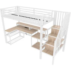 Lit mezzanine 90x200cm - escalier de sécurité - rambarde - LED - bureau - port USB - blanc (matelas non inclus)><noscript><img width=