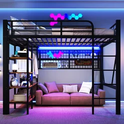 Lit mezzanine 140x200cm - structure en fer - rangements - éclairage LED - noir (matelas non inclus)><noscript><img width=