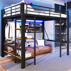 Lit mezzanine 140x200cm - structure en fer - rangements - éclairage LED - noir (matelas non inclus)><noscript><img width=