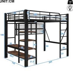 Lit mezzanine 140x200cm - structure en fer - rangements - éclairage LED - noir (matelas non inclus)><noscript><img width=