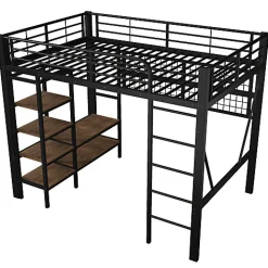 Lit mezzanine 140x200cm - structure en fer - rangements - éclairage LED - noir (matelas non inclus)><noscript><img width=