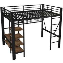 Lit mezzanine 140x200cm - structure en fer - rangements - éclairage LED - noir (matelas non inclus)><noscript><img width=