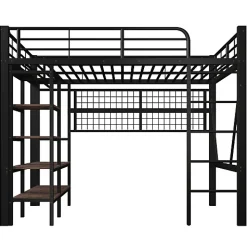 Lit mezzanine 140x200cm - structure en fer - rangements - éclairage LED - noir (matelas non inclus)><noscript><img width=