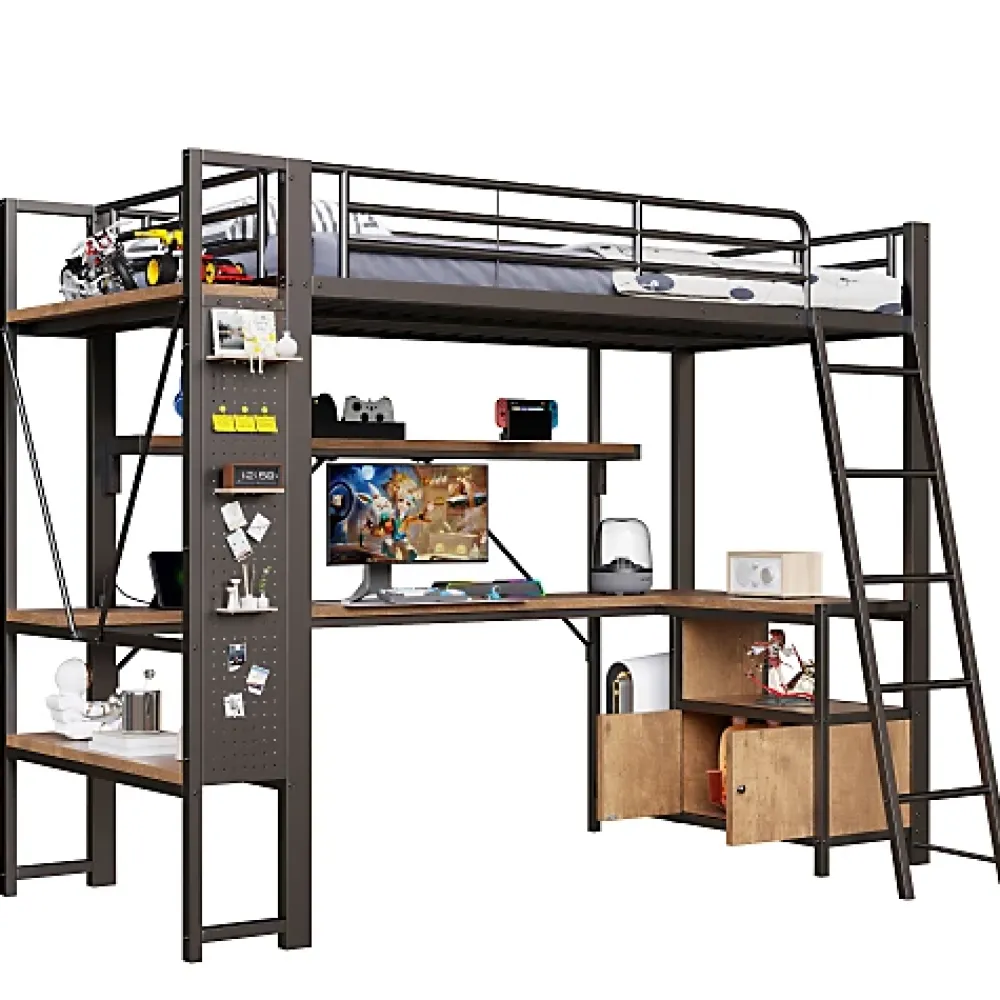 ModernLuxe Lit mezzanine 90x200cm - structure en fer - bureau avec étagère - LED - port USB - noir (matelas non inclus)* Lit Mezzanine