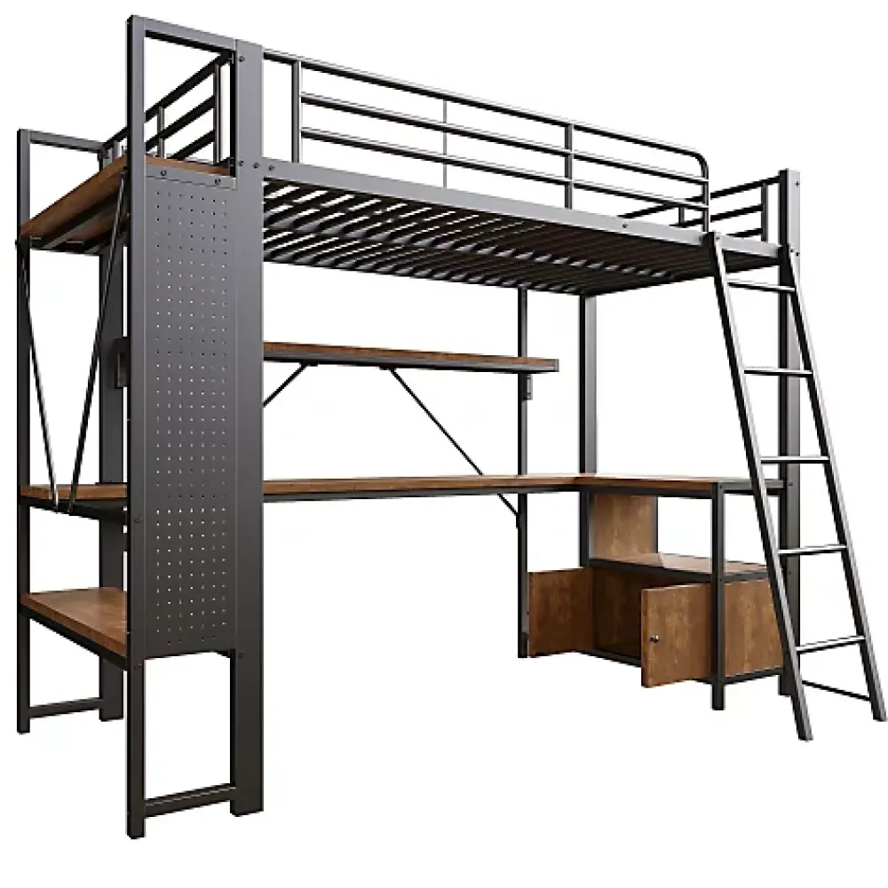 ModernLuxe Lit mezzanine 90x200cm - structure en fer - bureau avec étagère - LED - port USB - noir (matelas non inclus)* Lit Mezzanine