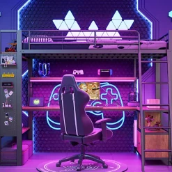 ModernLuxe Lit mezzanine 90x200cm - structure en fer - bureau avec étagère - LED - port USB - noir (matelas non inclus)* Lit Mezzanine