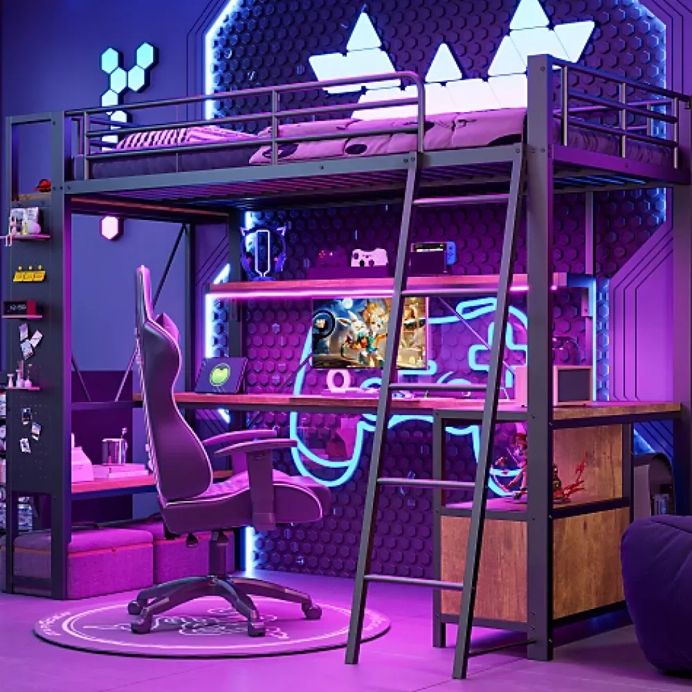 ModernLuxe Lit mezzanine 90x200cm - structure en fer - bureau avec étagère - LED - port USB - noir (matelas non inclus)* Lit Mezzanine