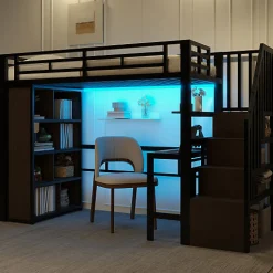 Lit mezzanine 90x200cm - structure en fer - bureau - rangements - LED - escalier - noir (matelas non inclus)>ModernLuxe Best