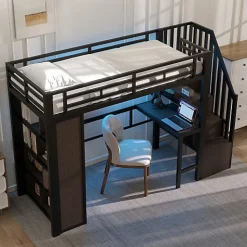 Lit mezzanine 90x200cm - structure en fer - bureau - rangements - LED - escalier - noir (matelas non inclus)><noscript><img width=
