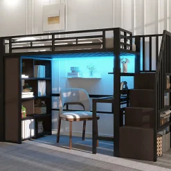 Lit mezzanine 90x200cm - structure en fer - bureau - rangements - LED - escalier - noir (matelas non inclus)><noscript><img width=