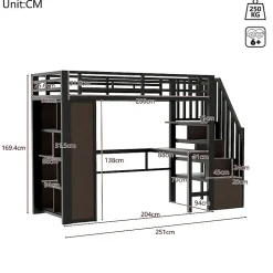 Lit mezzanine 90x200cm - structure en fer - bureau - rangements - LED - escalier - noir (matelas non inclus)><noscript><img width=