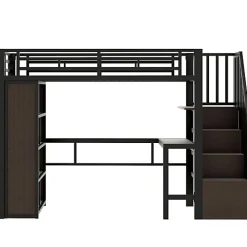 Lit mezzanine 90x200cm - structure en fer - bureau - rangements - LED - escalier - noir (matelas non inclus)><noscript><img width=