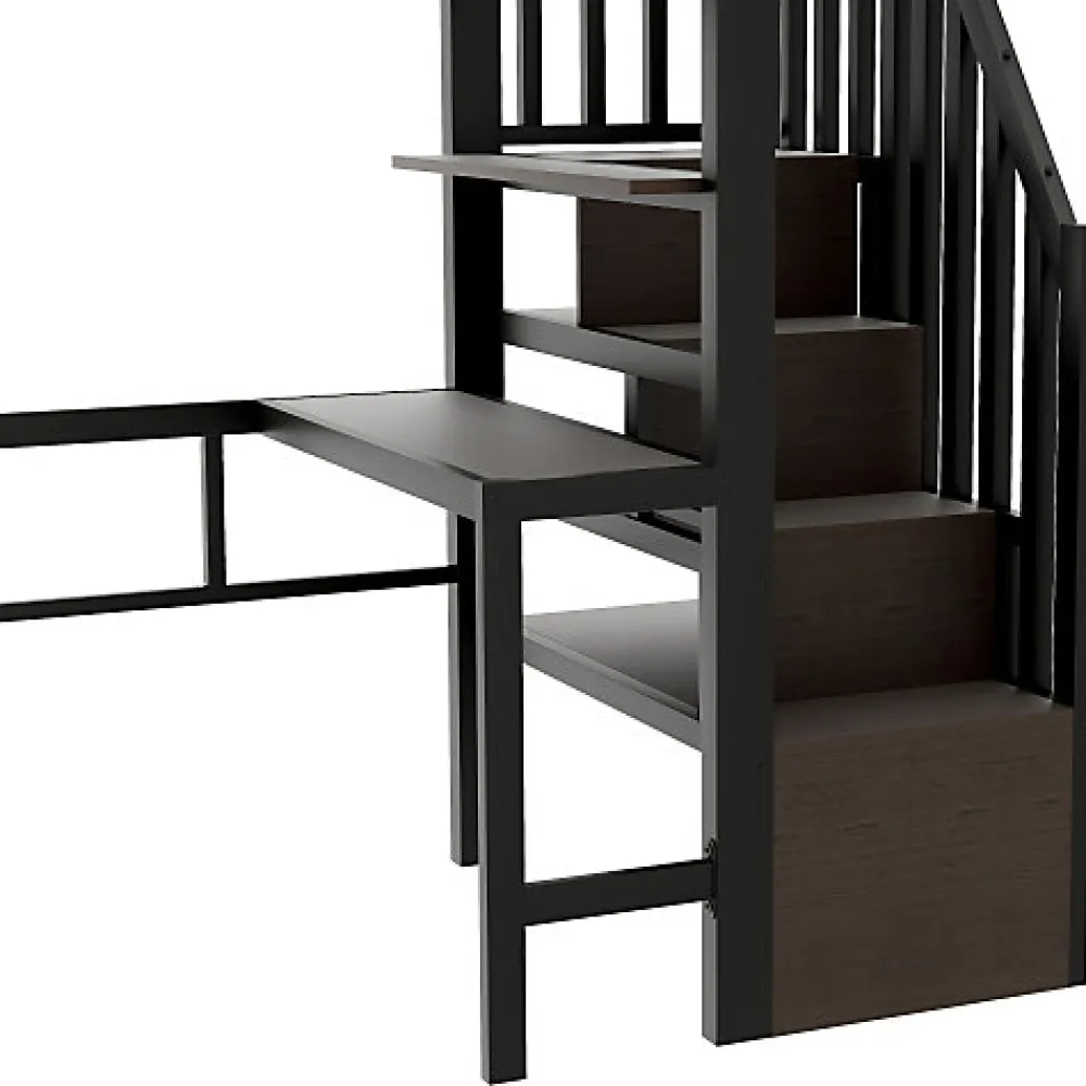 Lit mezzanine 90x200cm - structure en fer - bureau - rangements - LED - escalier - noir (matelas non inclus)>ModernLuxe Best