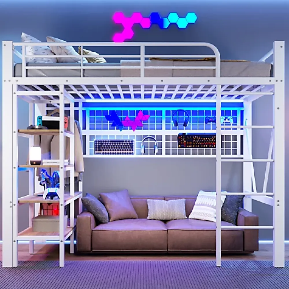 ModernLuxe Lit mezzanine 90x200cm - structure en fer - rangements - éclairage LED - blanc (matelas non inclus)* Lit Mezzanine