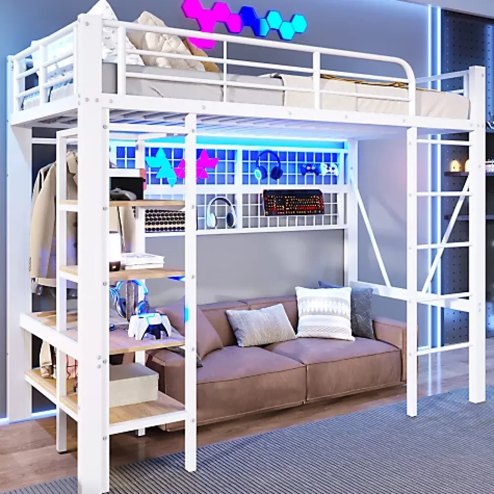 ModernLuxe Lit mezzanine 90x200cm - structure en fer - rangements - éclairage LED - blanc (matelas non inclus)* Lit Mezzanine