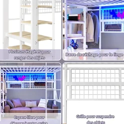 ModernLuxe Lit mezzanine 90x200cm - structure en fer - rangements - éclairage LED - blanc (matelas non inclus)* Lit Mezzanine