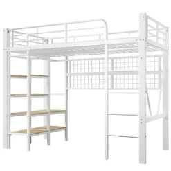 ModernLuxe Lit mezzanine 90x200cm - structure en fer - rangements - éclairage LED - blanc (matelas non inclus)* Lit Mezzanine