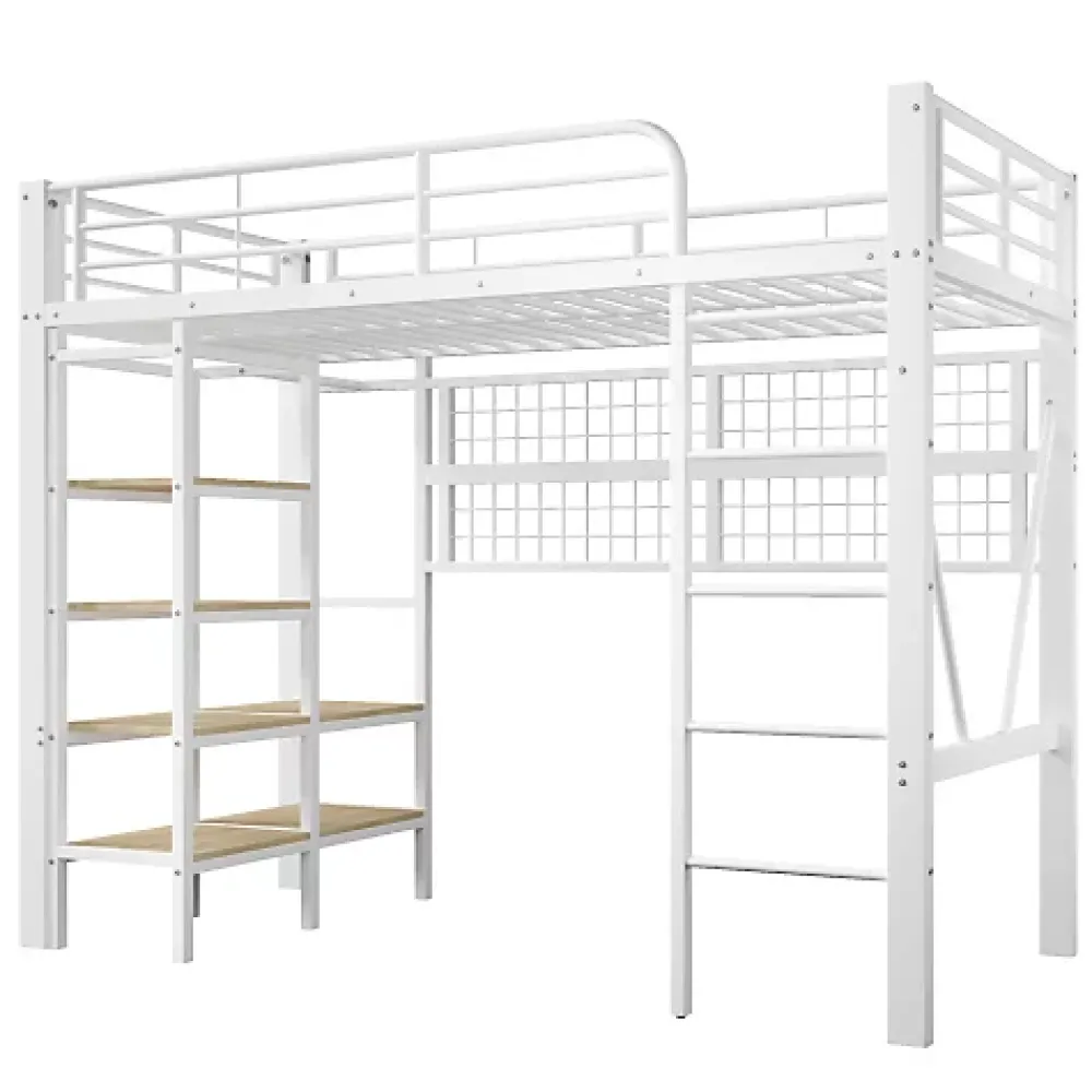 ModernLuxe Lit mezzanine 90x200cm - structure en fer - rangements - éclairage LED - blanc (matelas non inclus)* Lit Mezzanine