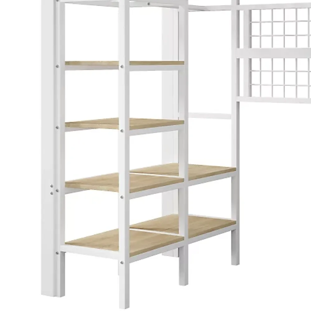 ModernLuxe Lit mezzanine 90x200cm - structure en fer - rangements - éclairage LED - blanc (matelas non inclus)* Lit Mezzanine