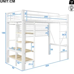 ModernLuxe Lit mezzanine 90x200cm - structure en fer - rangements - éclairage LED - blanc (matelas non inclus)* Lit Mezzanine