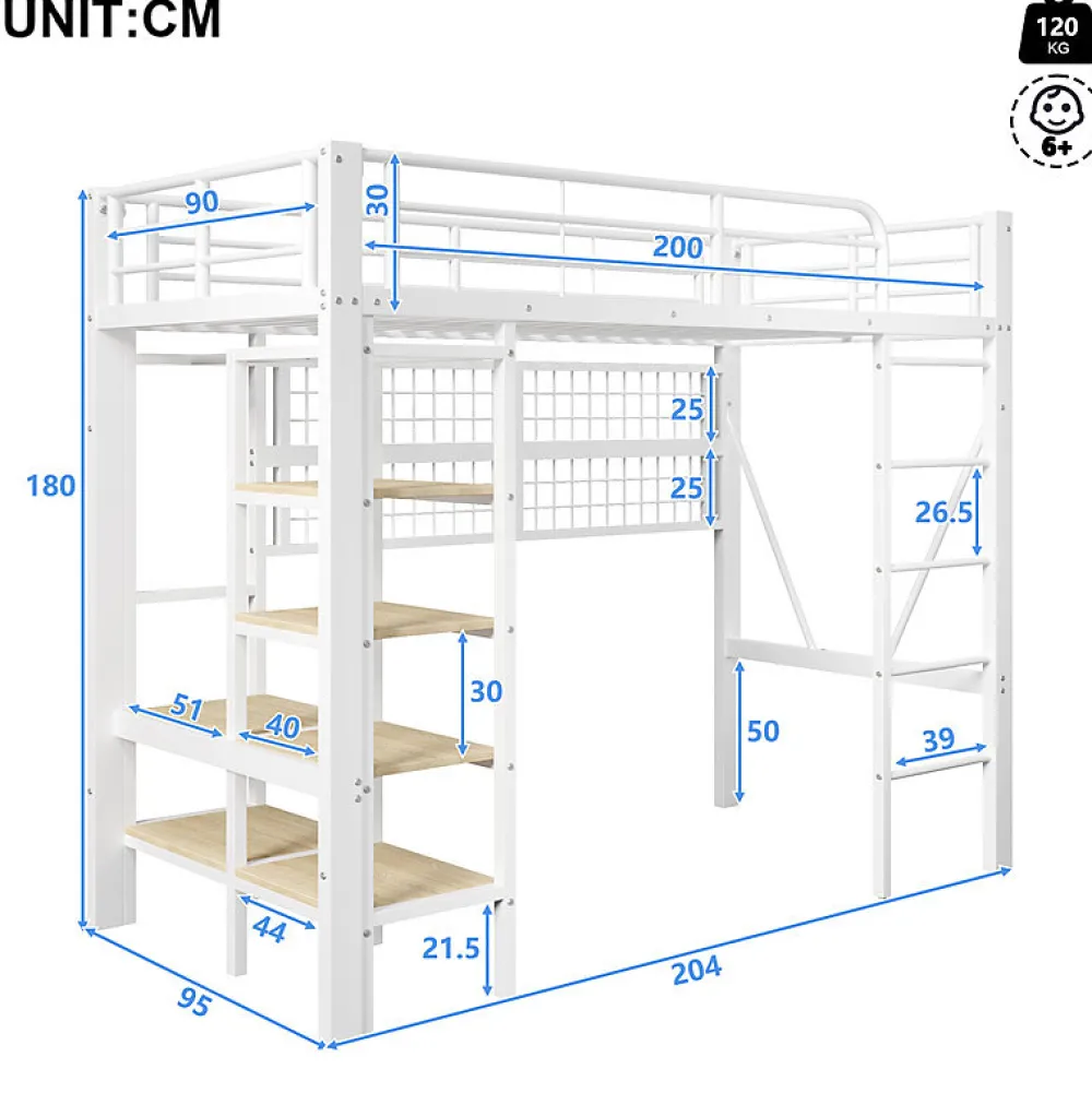 ModernLuxe Lit mezzanine 90x200cm - structure en fer - rangements - éclairage LED - blanc (matelas non inclus)* Lit Mezzanine