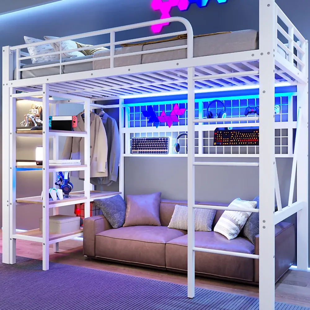 ModernLuxe Lit mezzanine 90x200cm - structure en fer - rangements - éclairage LED - blanc (matelas non inclus)* Lit Mezzanine