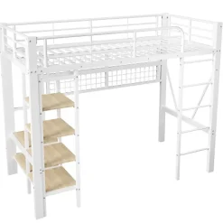 ModernLuxe Lit mezzanine 90x200cm - structure en fer - rangements - éclairage LED - blanc (matelas non inclus)* Lit Mezzanine