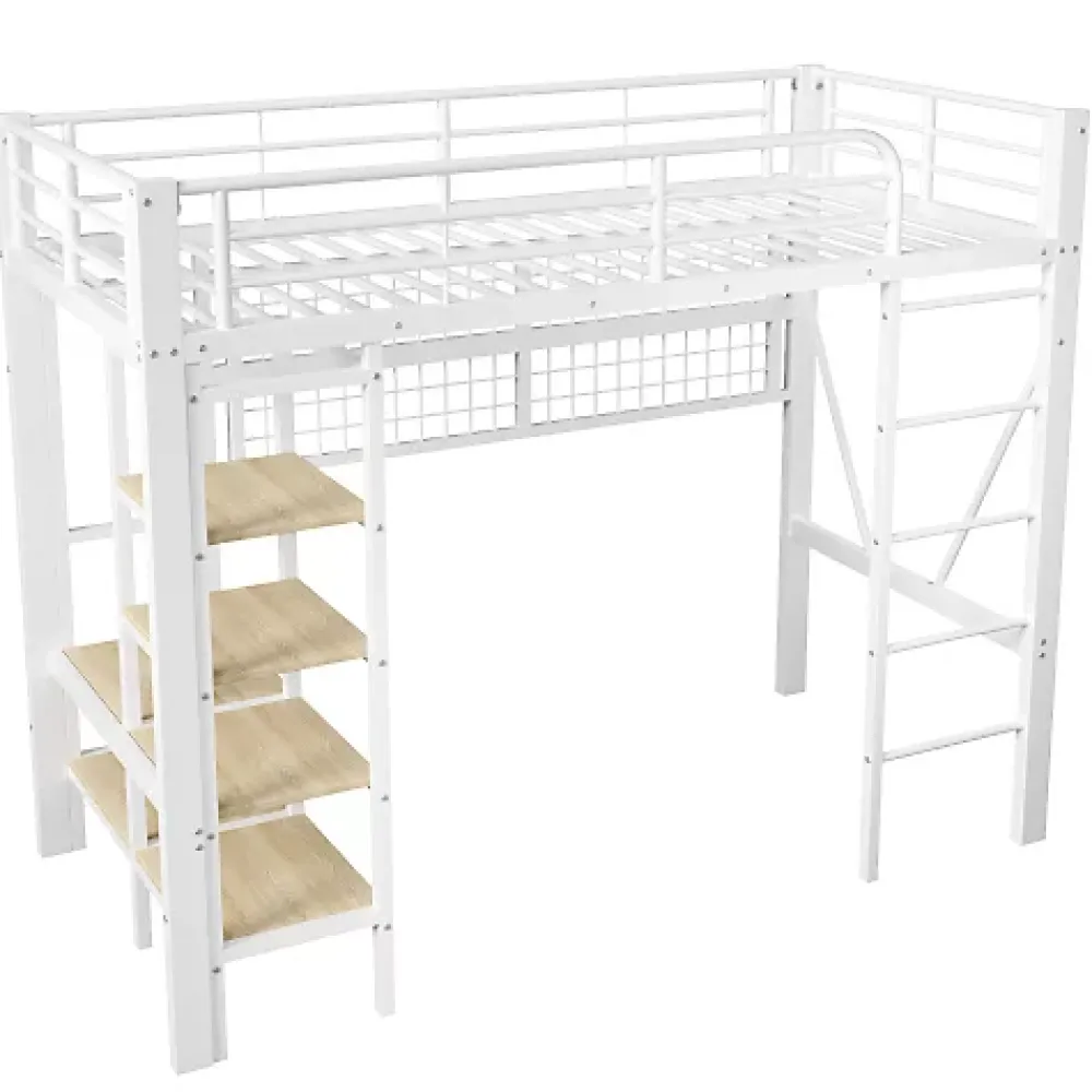 ModernLuxe Lit mezzanine 90x200cm - structure en fer - rangements - éclairage LED - blanc (matelas non inclus)* Lit Mezzanine