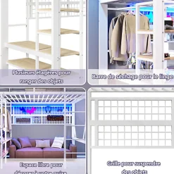 Lit mezzanine 140x200cm - structure en fer - rangements - éclairage LED - blanc (matelas non inclus)><noscript><img data-lazyloaded=