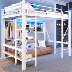 Lit mezzanine 140x200cm - structure en fer - rangements - éclairage LED - blanc (matelas non inclus)><noscript><img data-lazyloaded=