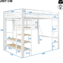 Lit mezzanine 140x200cm - structure en fer - rangements - éclairage LED - blanc (matelas non inclus)><noscript><img data-lazyloaded=