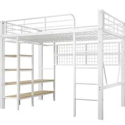 Lit mezzanine 140x200cm - structure en fer - rangements - éclairage LED - blanc (matelas non inclus)><noscript><img data-lazyloaded=
