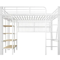 Lit mezzanine 140x200cm - structure en fer - rangements - éclairage LED - blanc (matelas non inclus)><noscript><img data-lazyloaded=