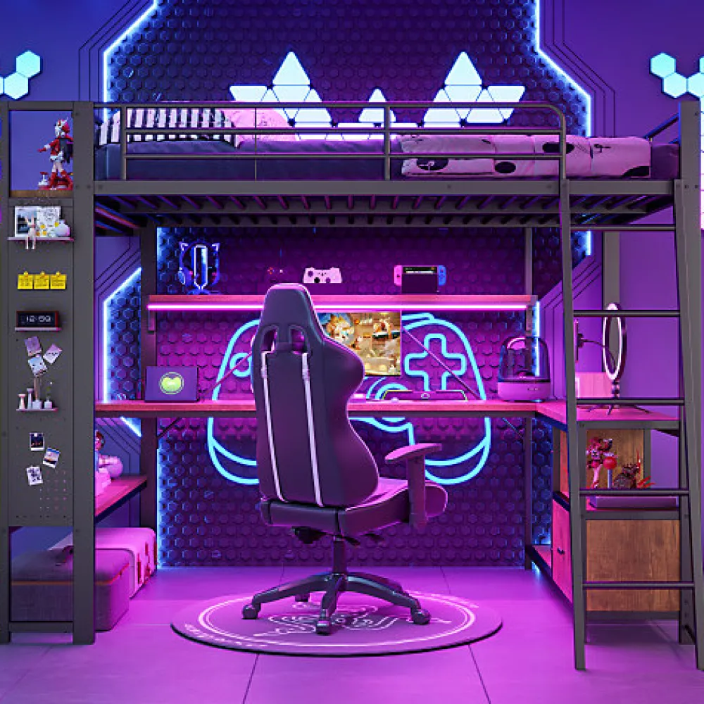 Lit mezzanine 140x200cm - structure en fer - bureau avec étagère - LED - port USB - noir (matelas non inclus)>ModernLuxe Sale