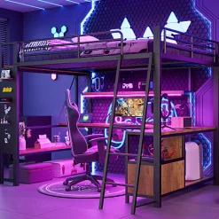 Lit mezzanine 140x200cm - structure en fer - bureau avec étagère - LED - port USB - noir (matelas non inclus)><noscript><img width=