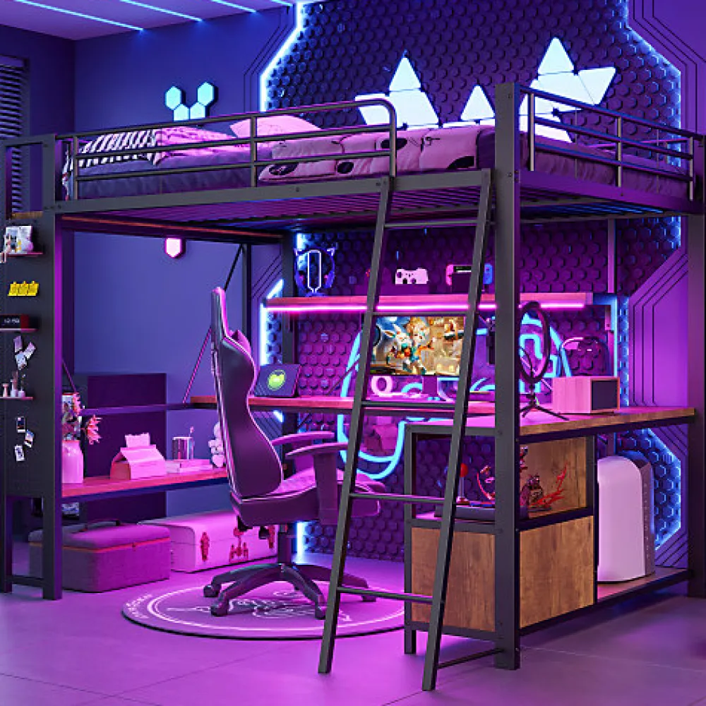Lit mezzanine 140x200cm - structure en fer - bureau avec étagère - LED - port USB - noir (matelas non inclus)>ModernLuxe Sale