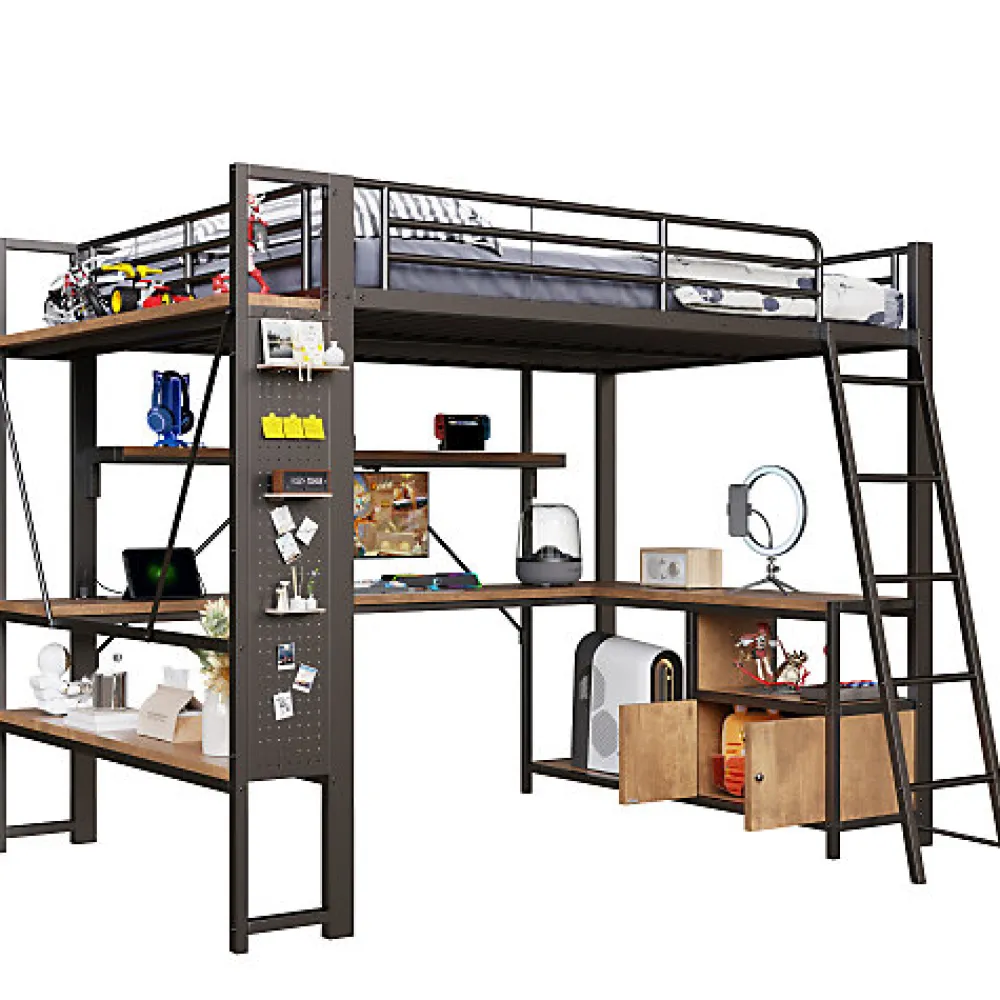Lit mezzanine 140x200cm - structure en fer - bureau avec étagère - LED - port USB - noir (matelas non inclus)>ModernLuxe Sale