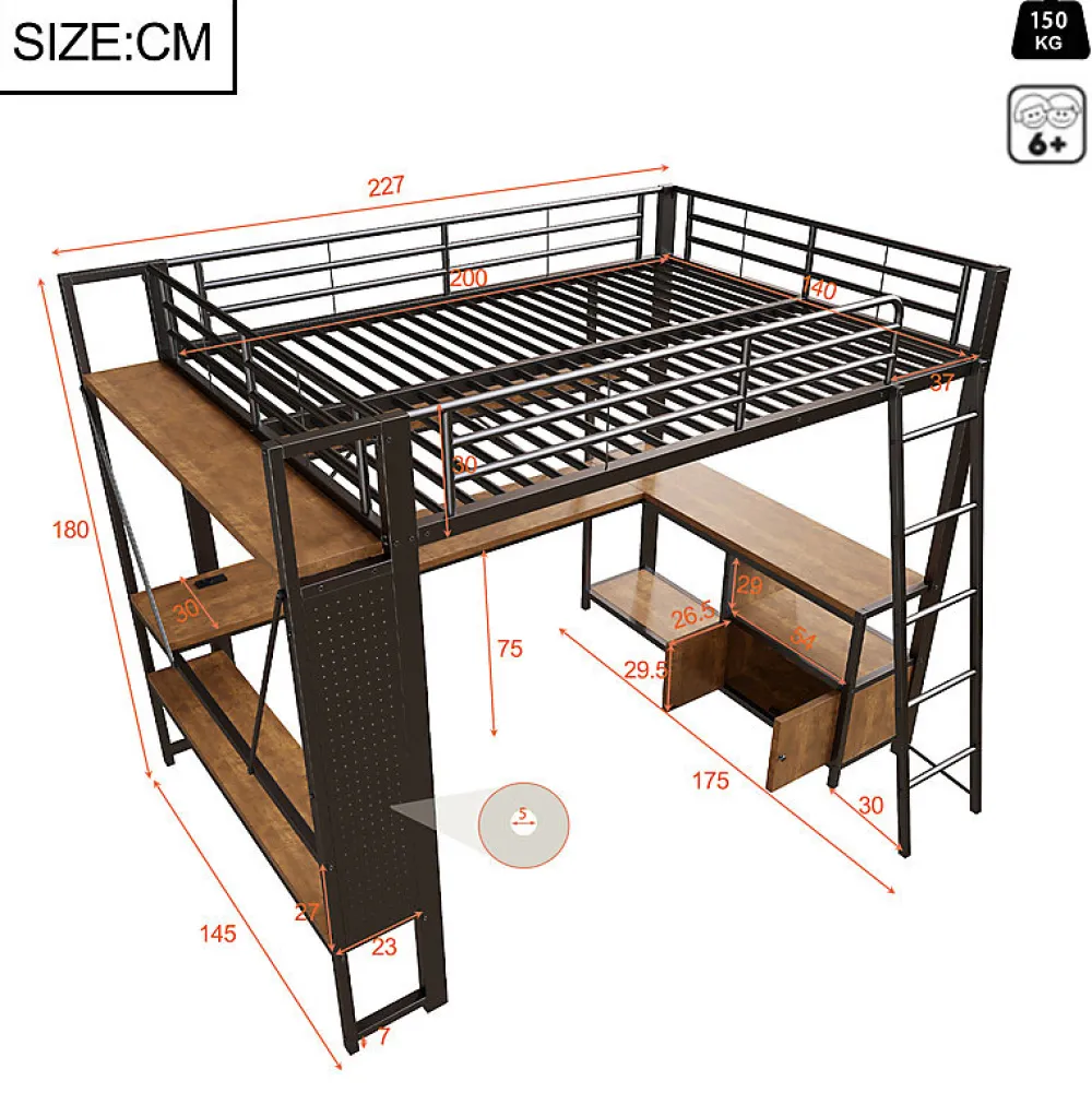 Lit mezzanine 140x200cm - structure en fer - bureau avec étagère - LED - port USB - noir (matelas non inclus)>ModernLuxe Sale